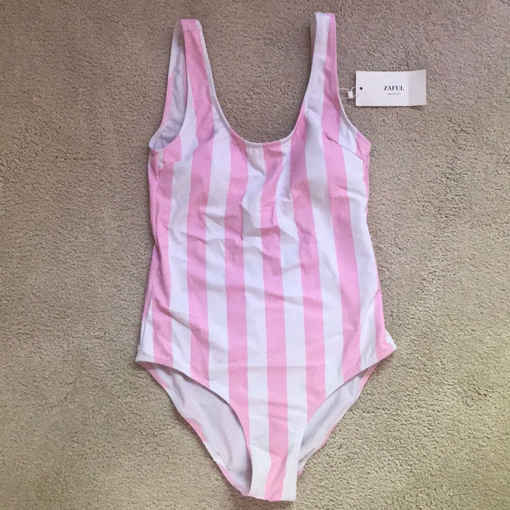 White & pink striped one piece swimsuit